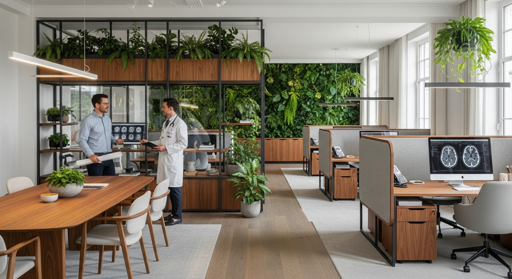 Architecte et médecin discutant dans un espace professionnel conçu selon les principes de la neuroarchitecture, avec lumière naturelle, végétation murale et mobilier sur mesure.